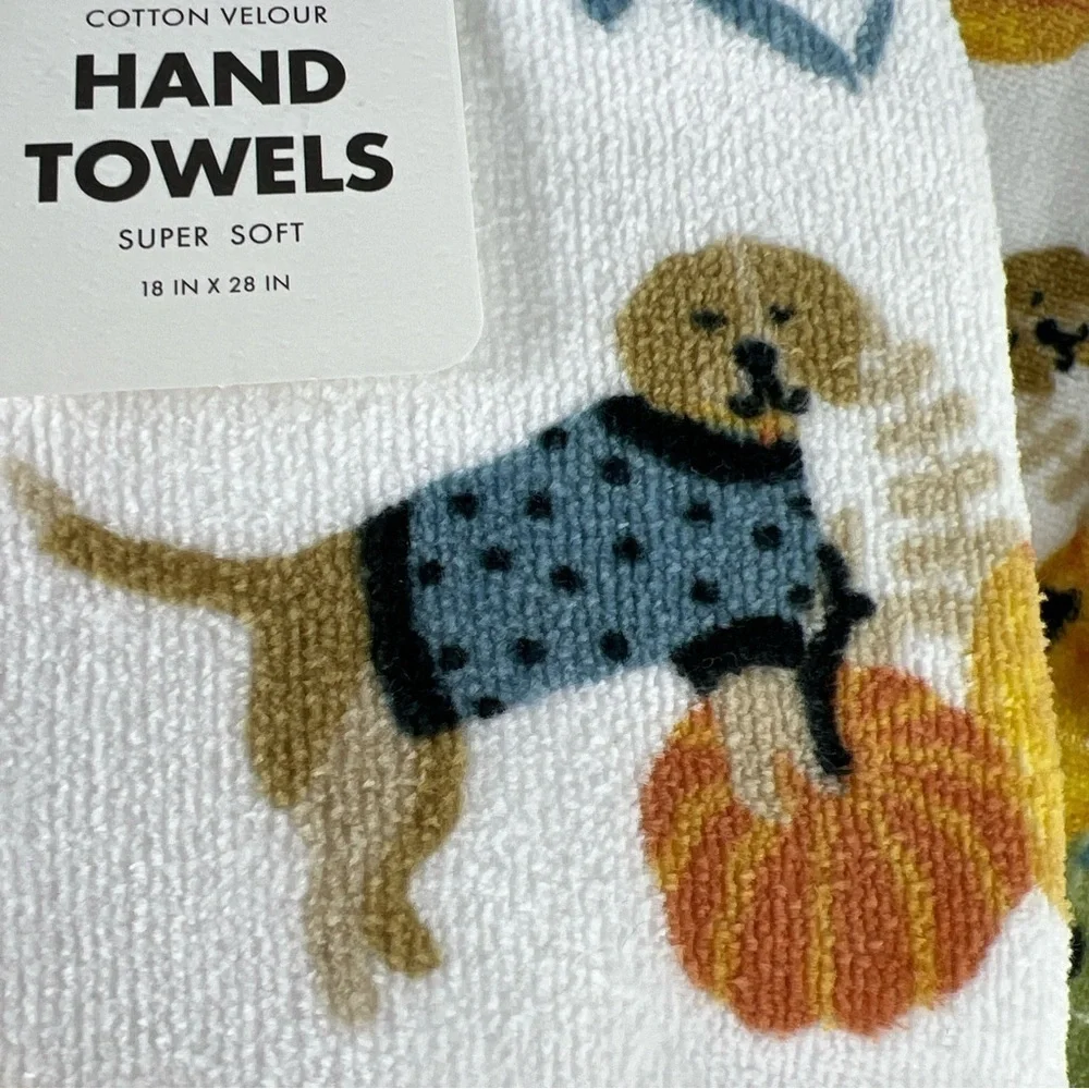Envogue Bath Towel Set Pumpkins Puppies Dogs Cotton Velour - 4 Piece Set - NEW